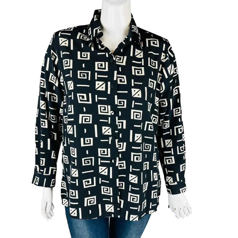 Vintage Liz Baker Womans Sz Large Blouse Long Sleeve Button Front Black NWT